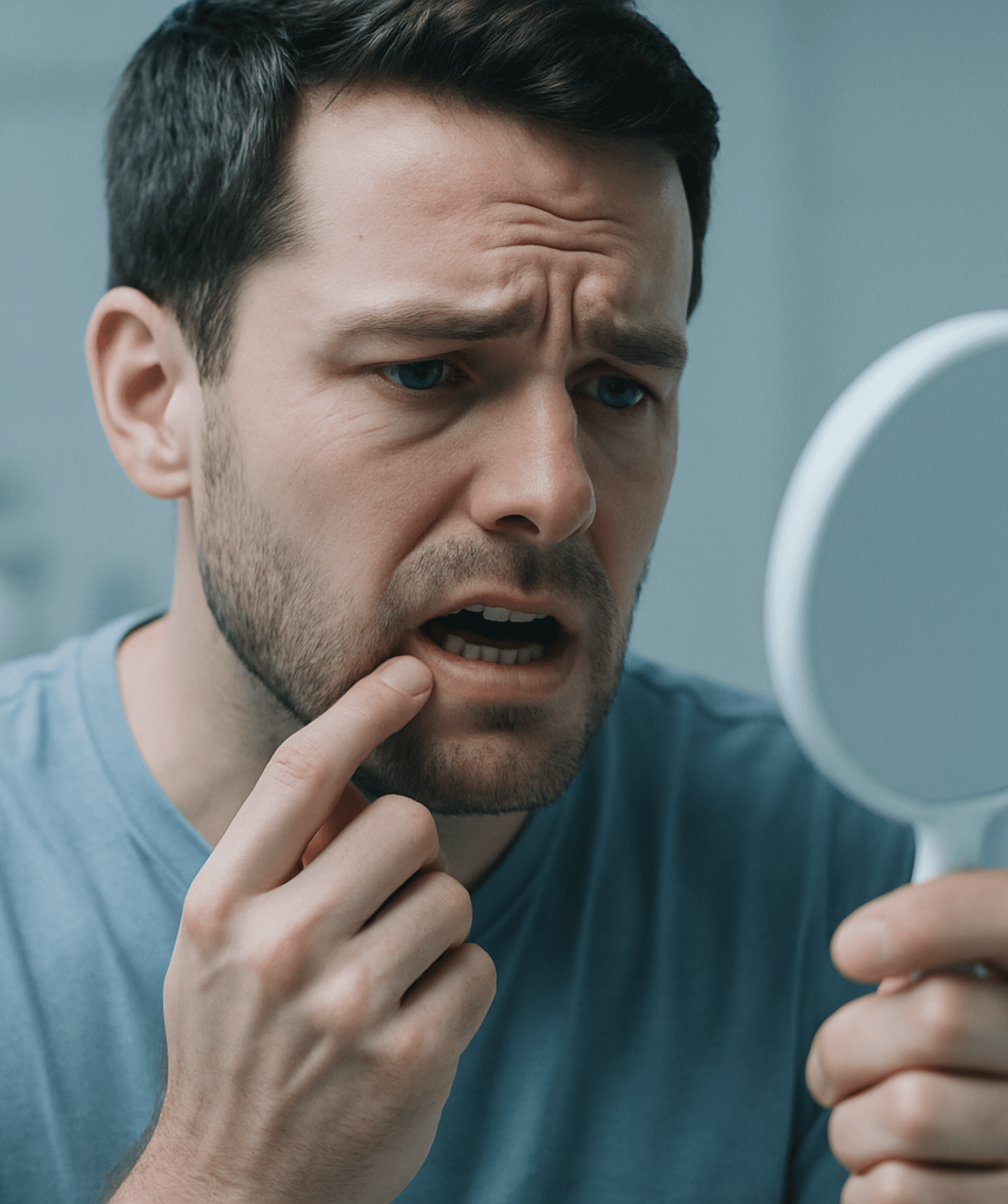 Person looking insecure in the mirror due to dental concerns.